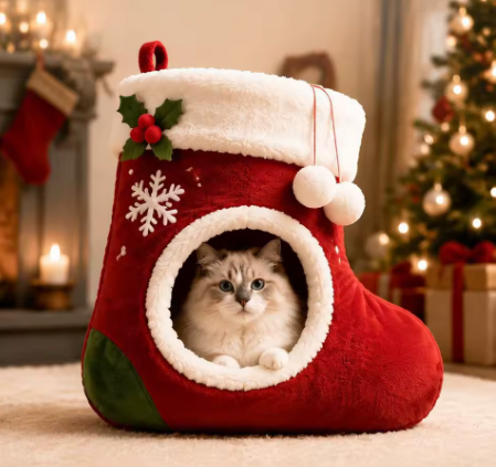 Ragdoll cat peeking out of the stocking cat bed