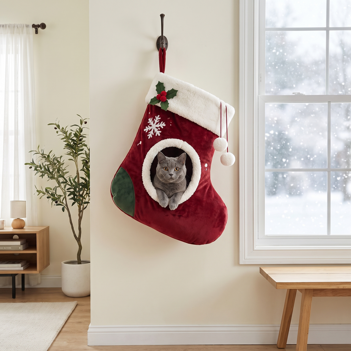 Gray cat peeking out of the hung stocking cat bed by a snowy window