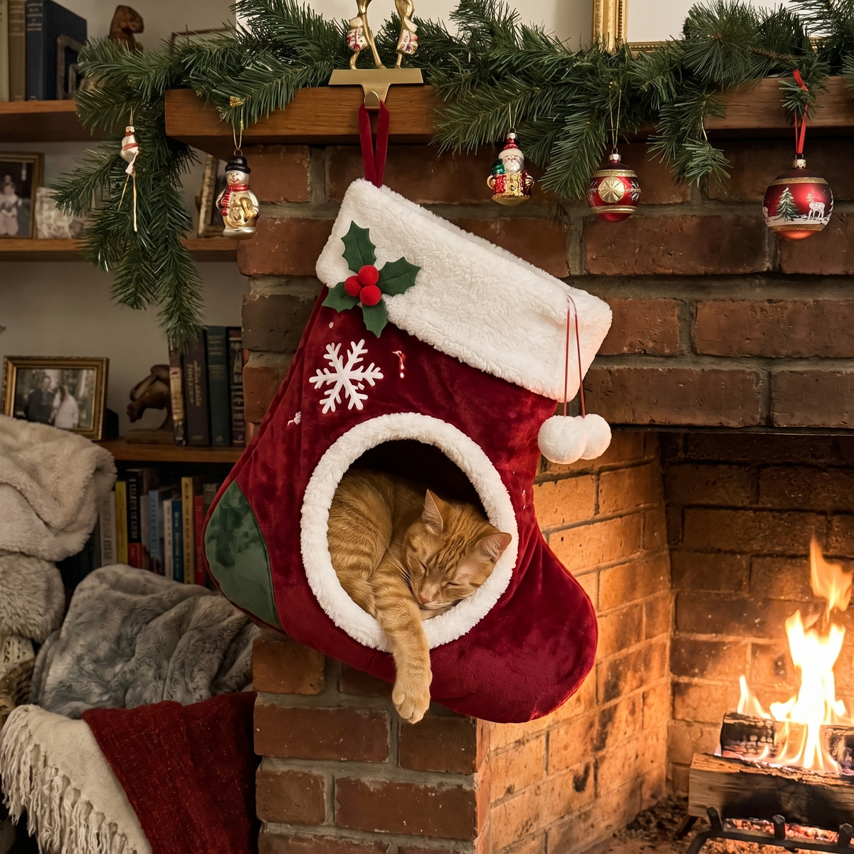 Stocking cat bed hung on a fireplace mantel with an orange cat asleep inside