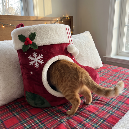 Orange cat stepping into the stocking cat bed on a flannel bed