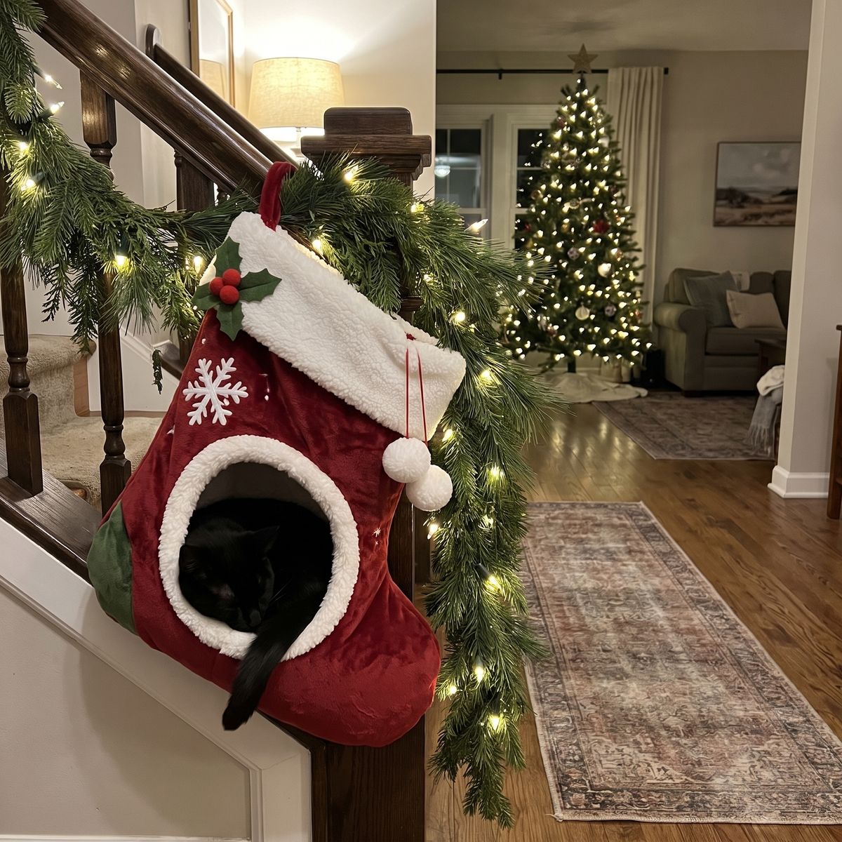 Stocking cat bed hung on a staircase banister with a black cat inside