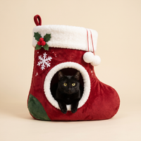 Black cat peeking out of the Stocking Paws Christmas cat bed