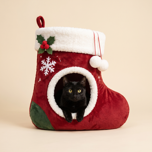Black cat peeking out of the Stocking Paws Christmas cat bed