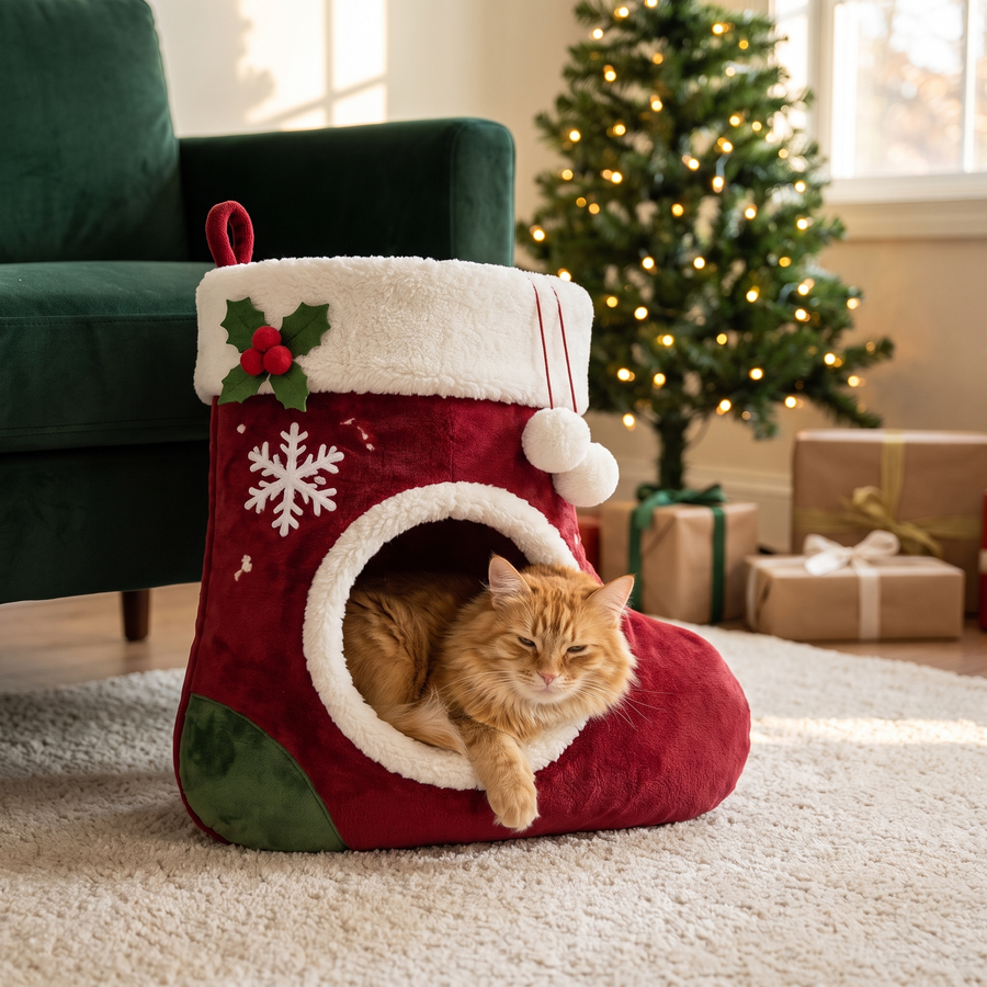 Cat relaxing in the Stocking Paws bed