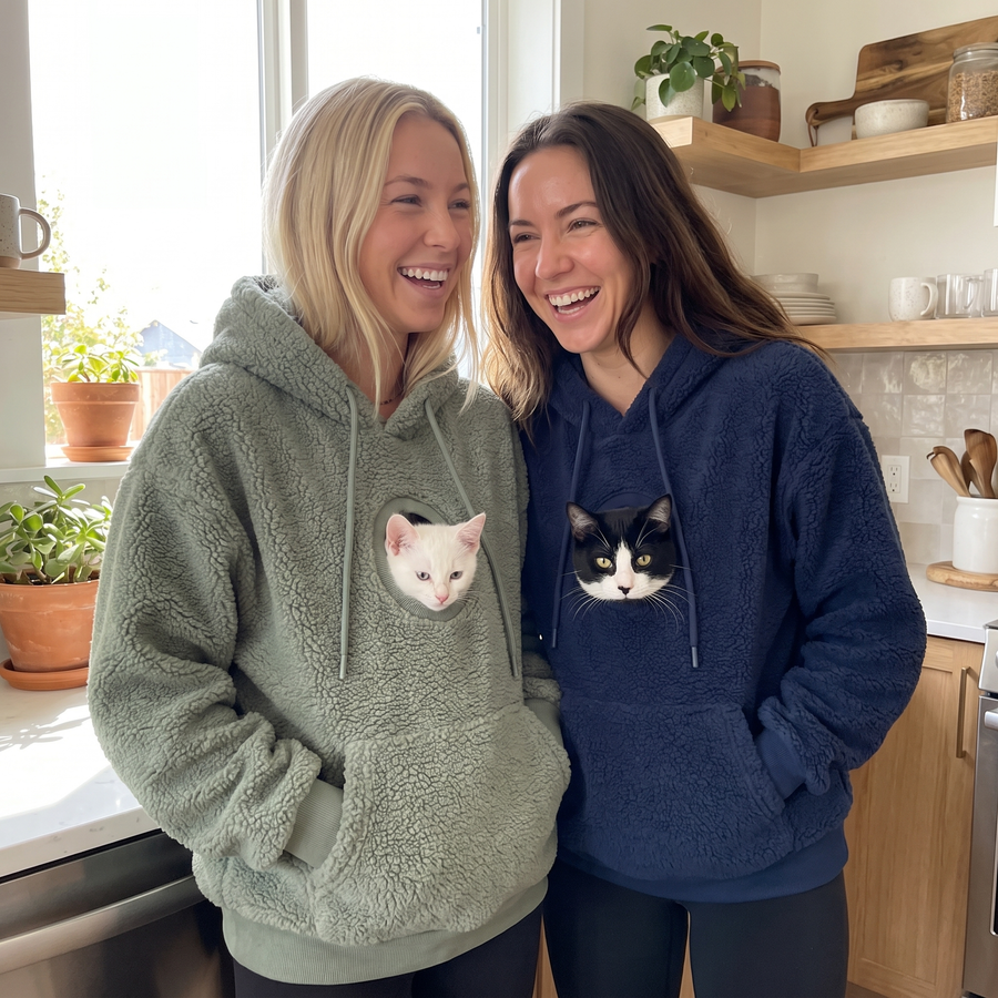 Two friends wearing matching Pawket hoodies with their cats